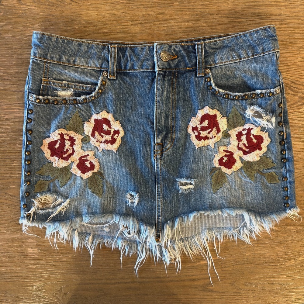 Free People Wild Rose Embroidered Studded Denim Jean Mini Skirt-Size 27-*Read*‎